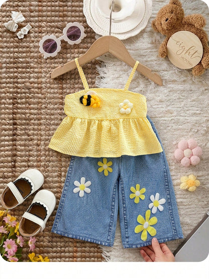 2Pcs Baby Girl Pastel Yellow Summer Cute Vacation Outfit,Textured Tank Top & Flower Embellished Straight-Leg Pants,Casual Comfortable Spring Sets
