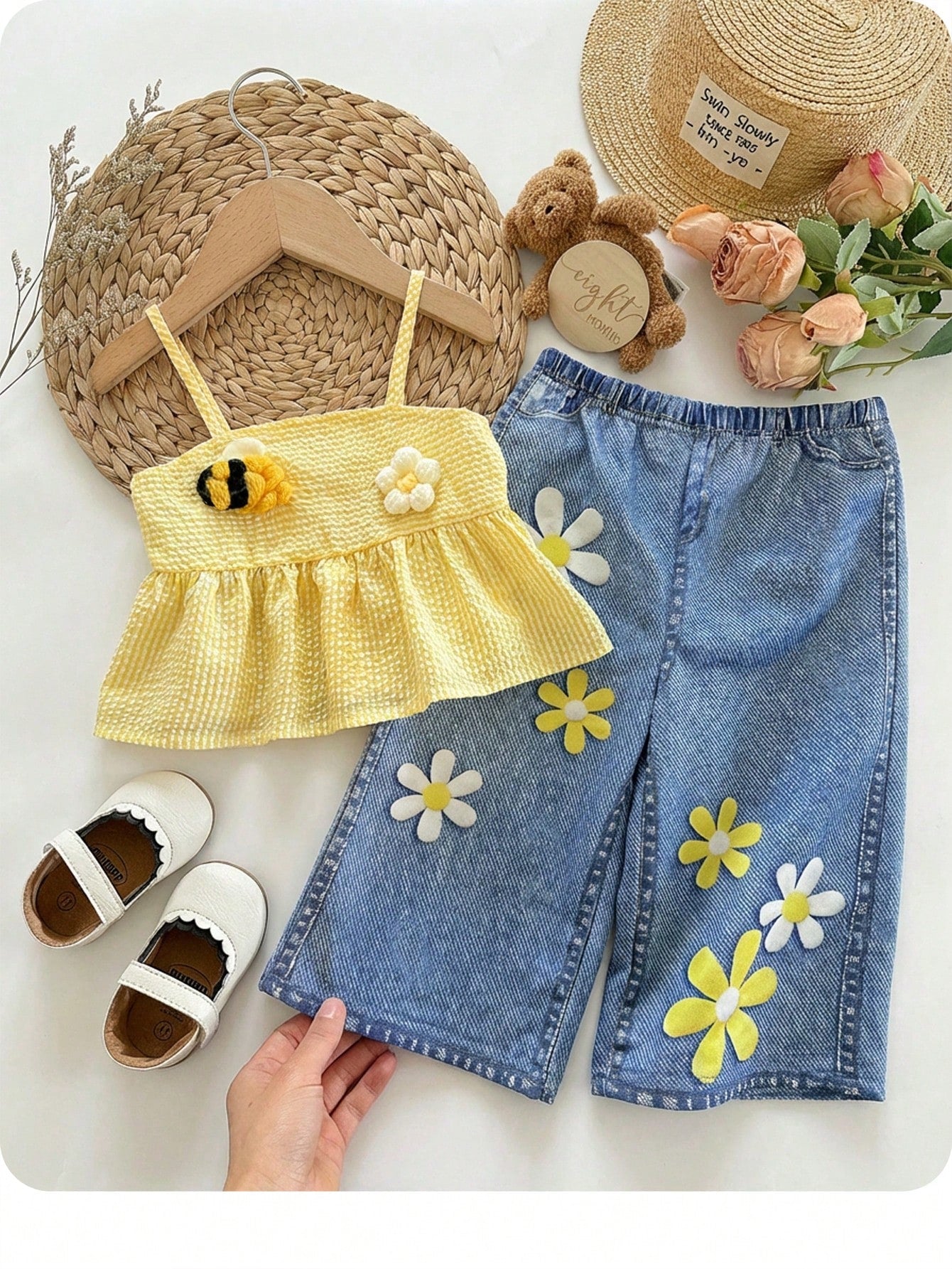 2Pcs Baby Girl Pastel Yellow Summer Cute Vacation Outfit,Textured Tank Top & Flower Embellished Straight-Leg Pants,Casual Comfortable Spring Sets