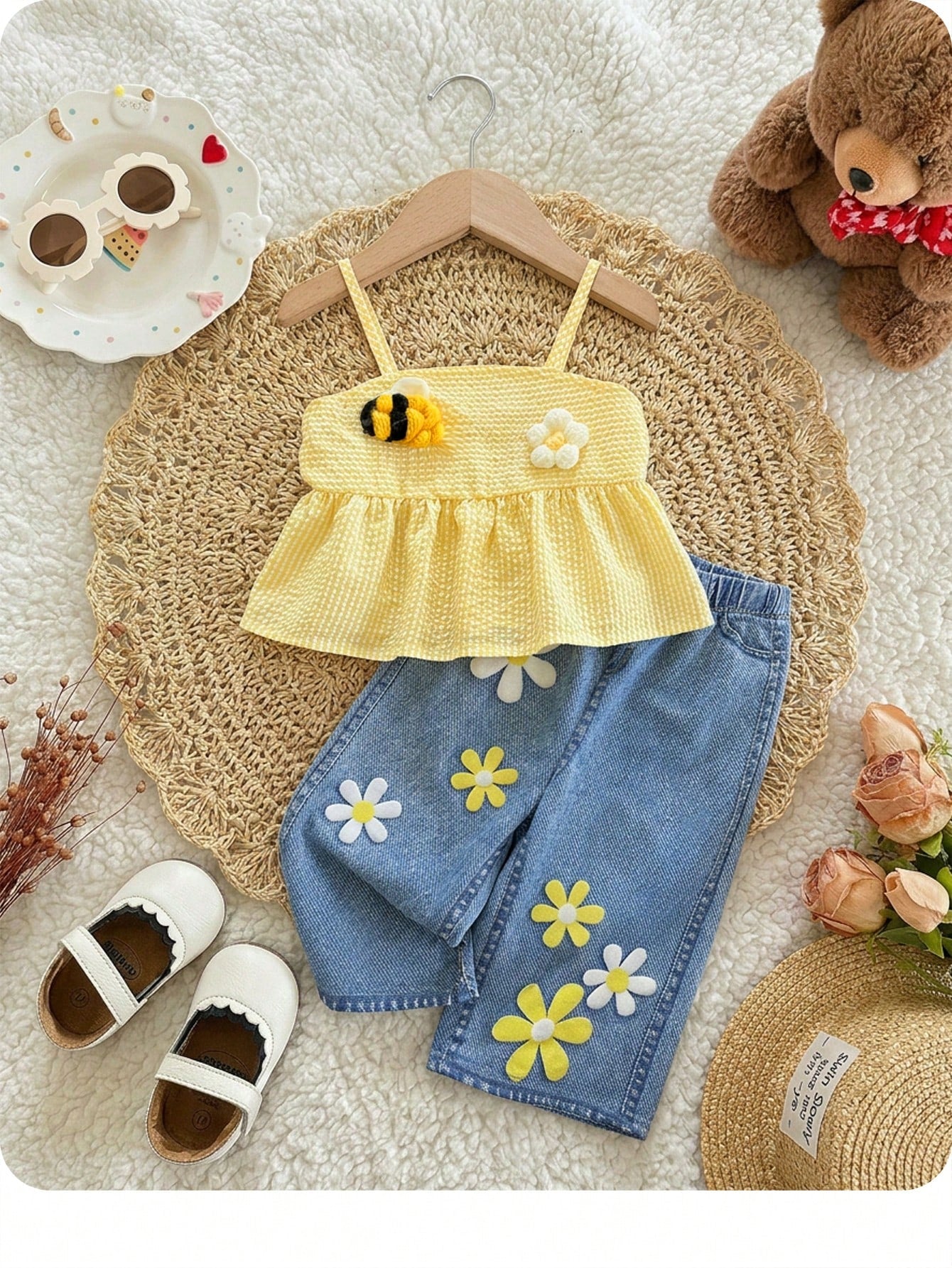 2Pcs Baby Girl Pastel Yellow Summer Cute Vacation Outfit,Textured Tank Top & Flower Embellished Straight-Leg Pants,Casual Comfortable Spring Sets