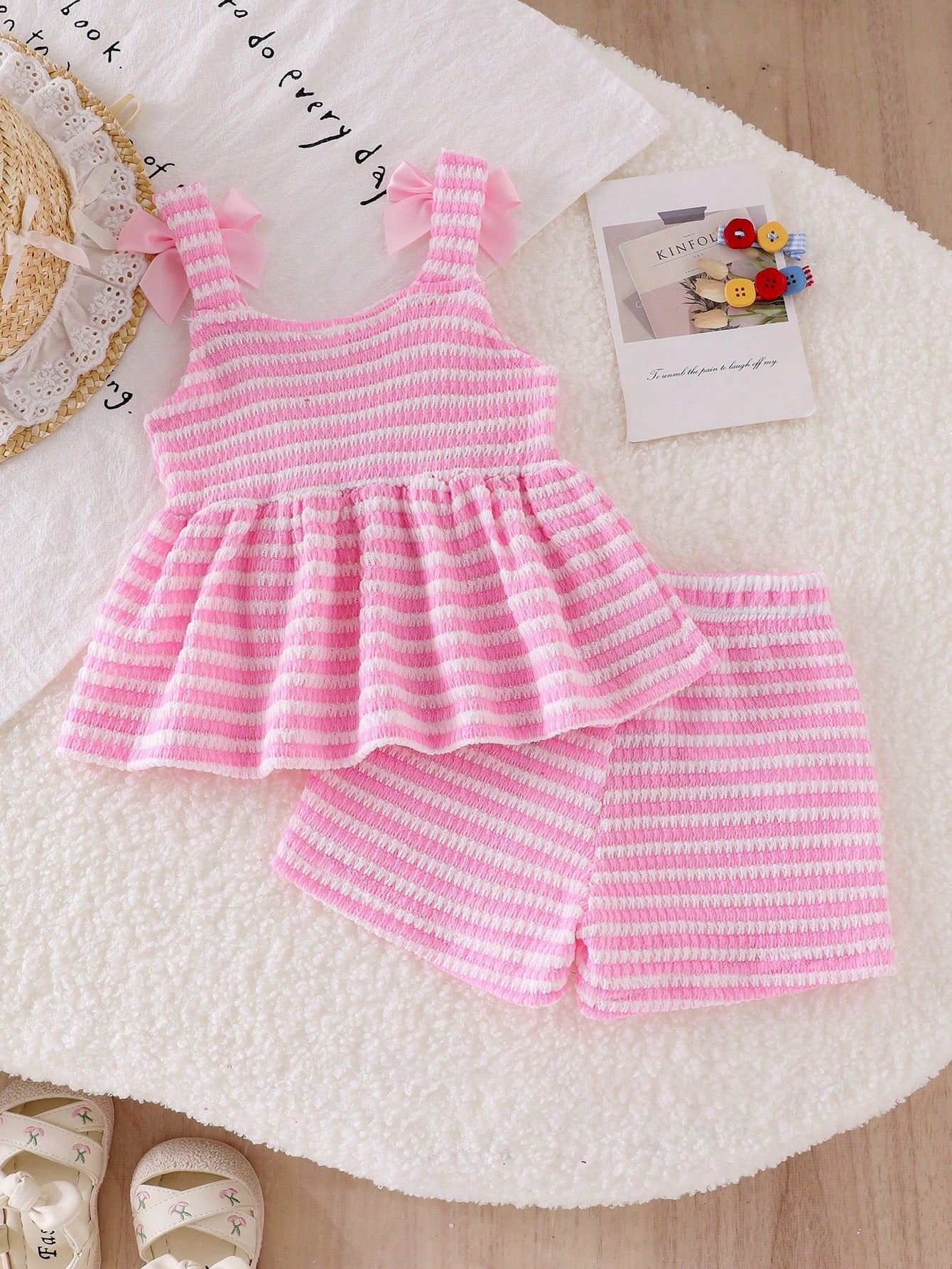 2pcs Baby Girls' Camisole Top And Shorts Set Hot Pink Summer Cute Vacation Outfit Vacation Cute