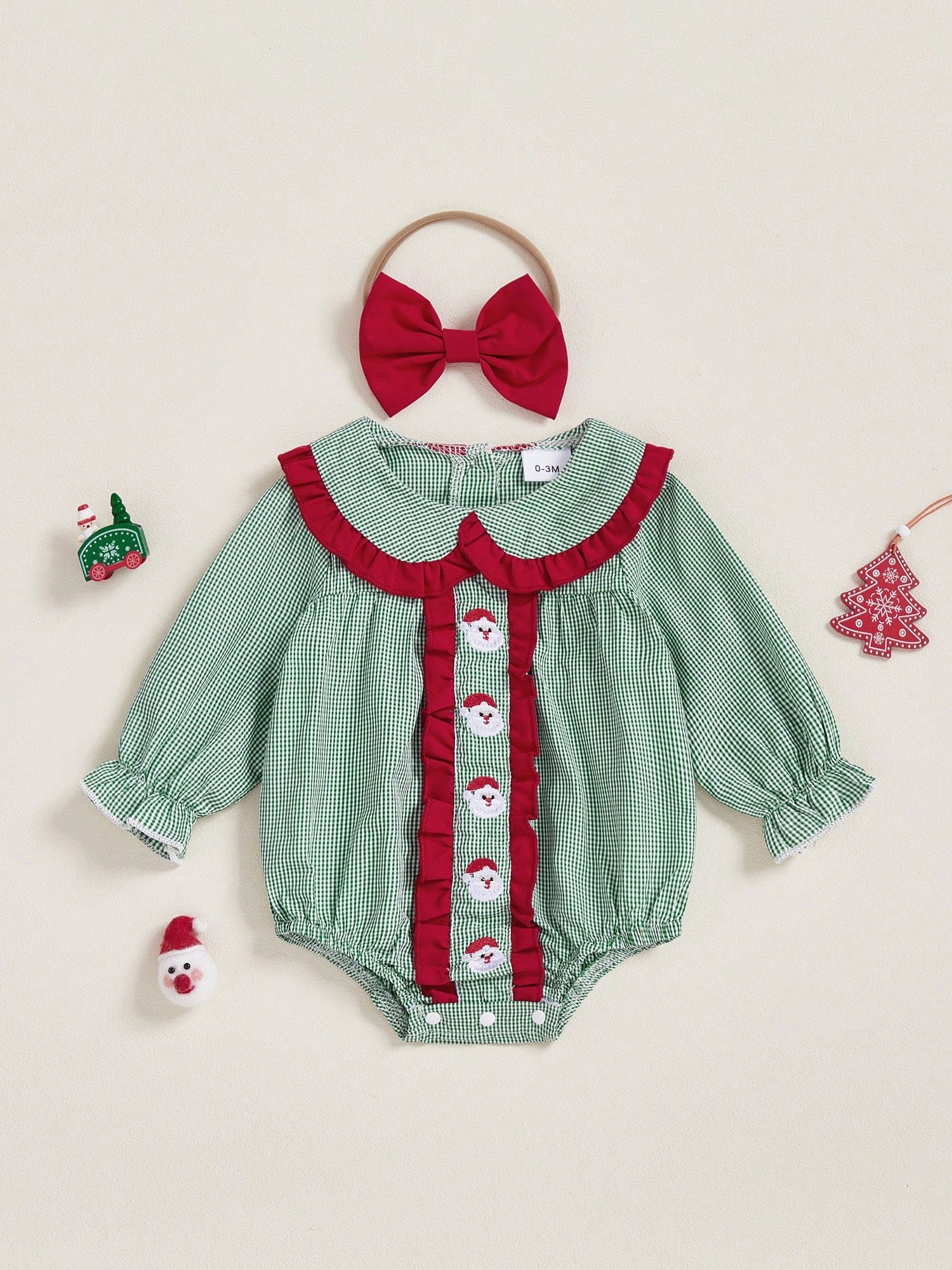 2Pcs Baby Girls Christmas Plaid Romper Santa Embroidery Doll Collar Long Sleeves Jumpsuits And Cute Headband Set