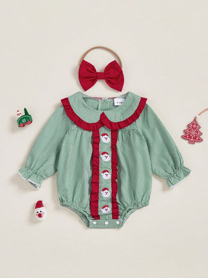 2Pcs Baby Girls Christmas Plaid Romper Santa Embroidery Doll Collar Long Sleeves Jumpsuits And Cute Headband Set