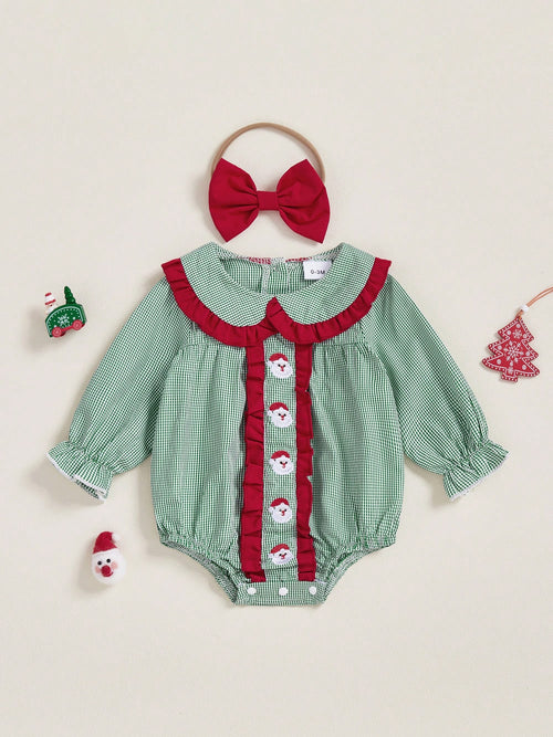 2Pcs Baby Girls Christmas Plaid Romper Santa Embroidery Doll Collar Long Sleeves Jumpsuits And Cute Headband Set