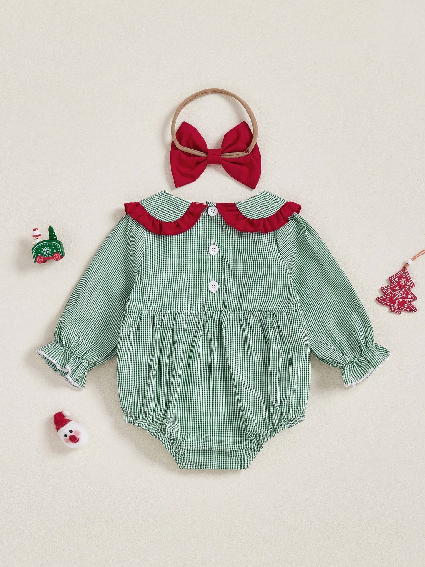 2Pcs Baby Girls Christmas Plaid Romper Santa Embroidery Doll Collar Long Sleeves Jumpsuits And Cute Headband Set