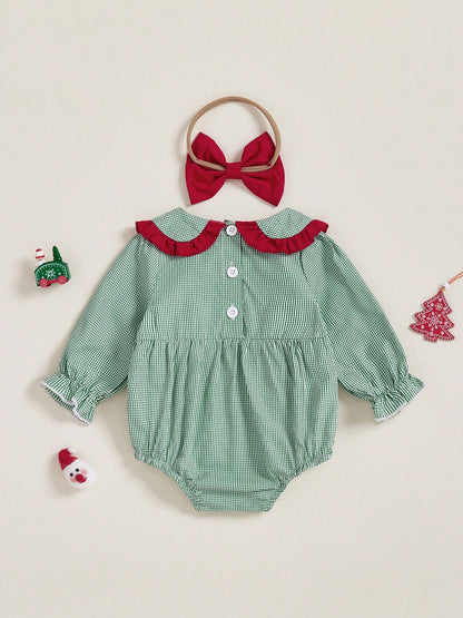 2Pcs Baby Girls Christmas Plaid Romper Santa Embroidery Doll Collar Long Sleeves Jumpsuits And Cute Headband Set