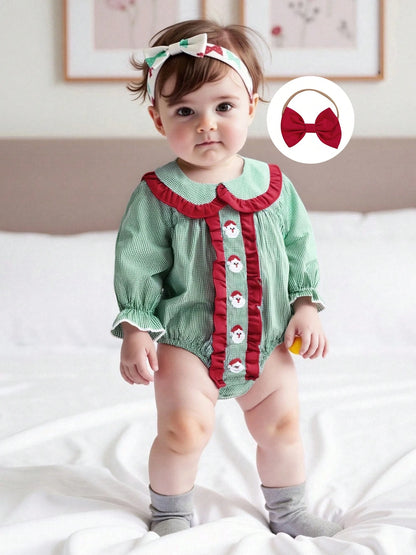 2Pcs Baby Girls Christmas Plaid Romper Santa Embroidery Doll Collar Long Sleeves Jumpsuits And Cute Headband Set