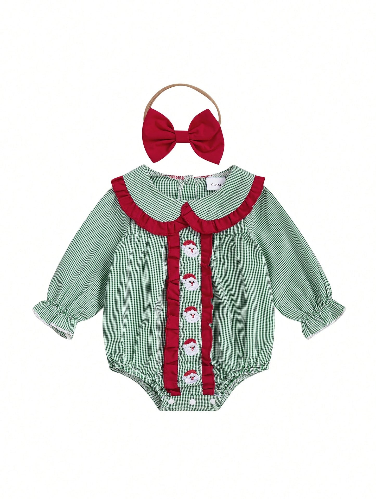 2Pcs Baby Girls Christmas Plaid Romper Santa Embroidery Doll Collar Long Sleeves Jumpsuits And Cute Headband Set