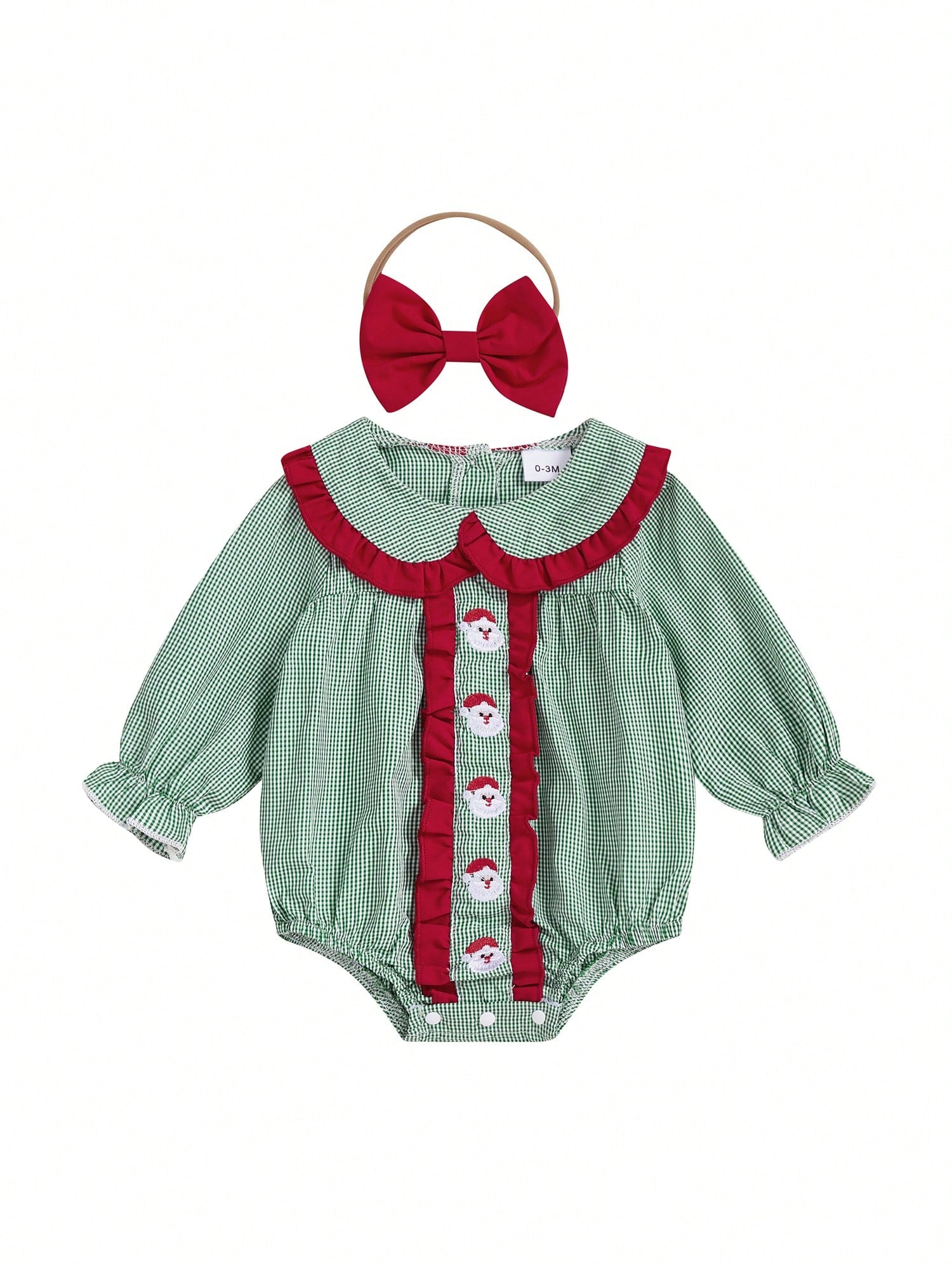 2Pcs Baby Girls Christmas Plaid Romper Santa Embroidery Doll Collar Long Sleeves Jumpsuits And Cute Headband Set