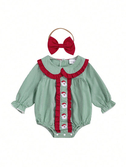 2Pcs Baby Girls Christmas Plaid Romper Santa Embroidery Doll Collar Long Sleeves Jumpsuits And Cute Headband Set
