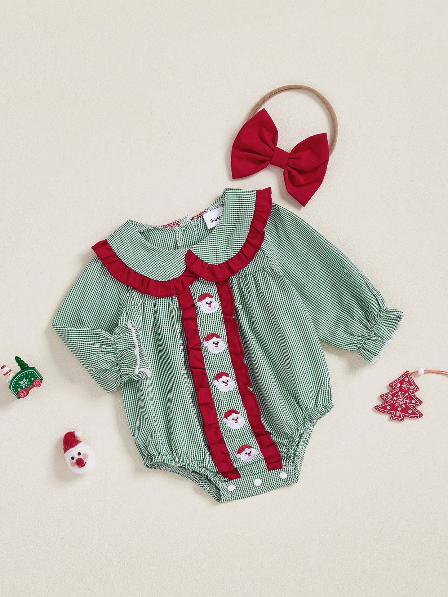 2Pcs Baby Girls Christmas Plaid Romper Santa Embroidery Doll Collar Long Sleeves Jumpsuits And Cute Headband Set
