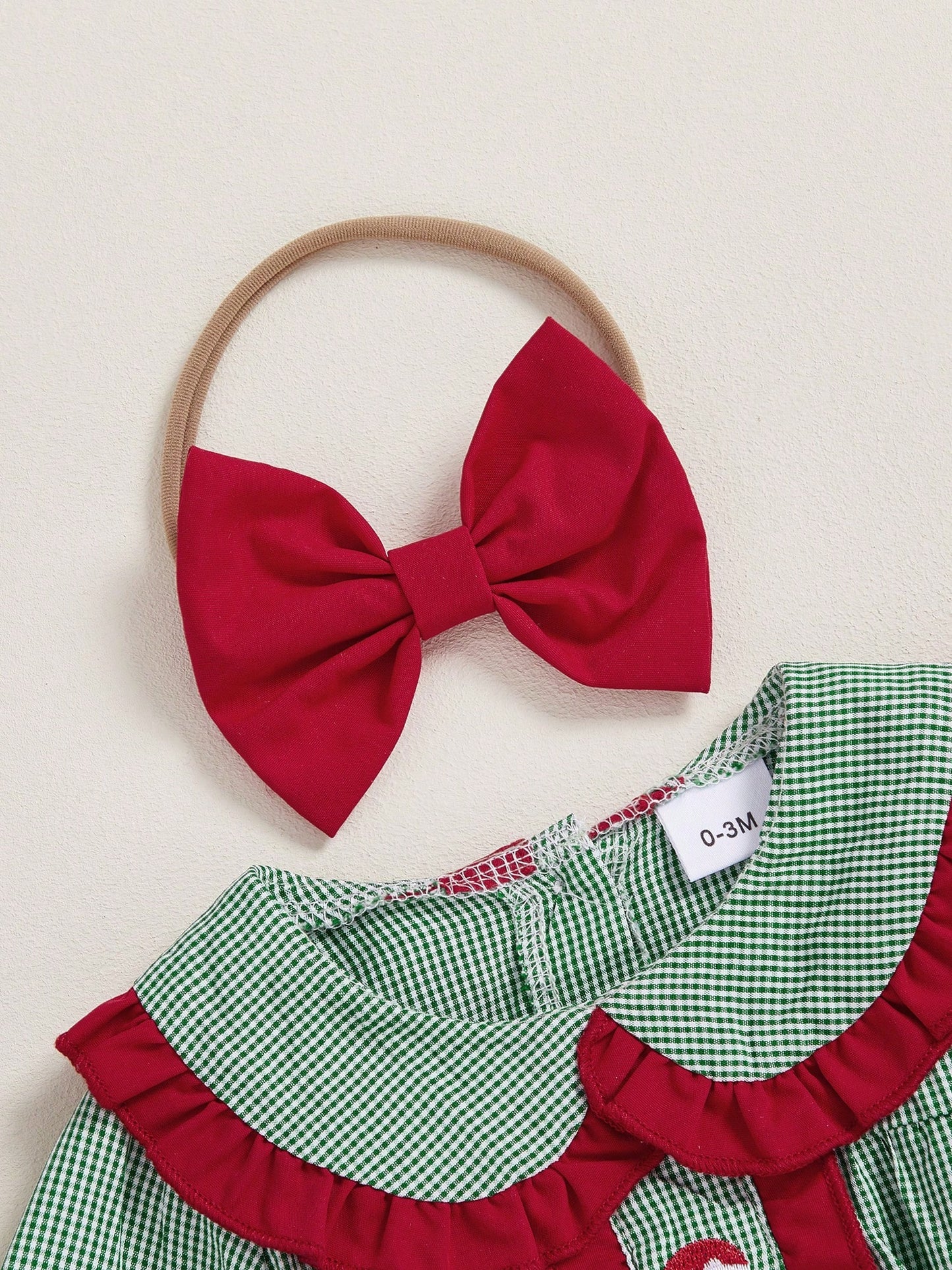 2Pcs Baby Girls Christmas Plaid Romper Santa Embroidery Doll Collar Long Sleeves Jumpsuits And Cute Headband Set