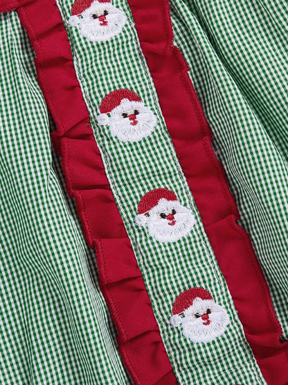 2Pcs Baby Girls Christmas Plaid Romper Santa Embroidery Doll Collar Long Sleeves Jumpsuits And Cute Headband Set