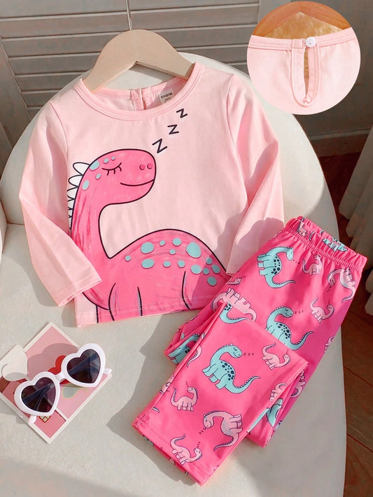 2pcs Baby Girls Cute Cartoon Dinosaur Print Round Neck Long Sleeve T-Shirt And Elastic Waist Pants Casual Outfit, Suitable For Spring/Autumn And Winter Layering, 6M-3T, Baby Girl Outfit, Baby Girl Set