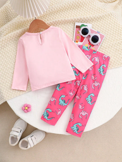 2pcs Baby Girls Cute Cartoon Dinosaur Print Round Neck Long Sleeve T-Shirt And Elastic Waist Pants Casual Outfit, Suitable For Spring/Autumn And Winter Layering, 6M-3T, Baby Girl Outfit, Baby Girl Set