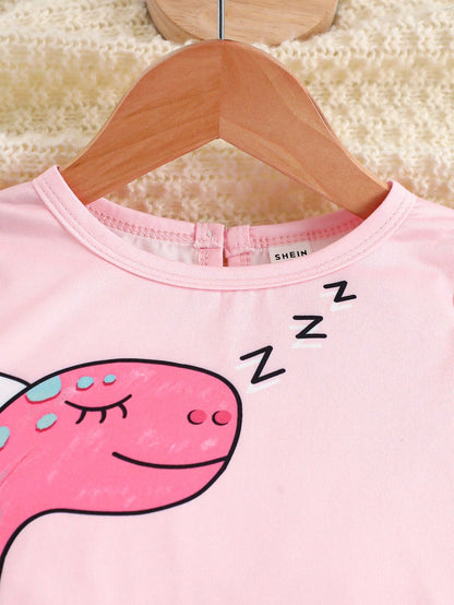 2pcs Baby Girls Cute Cartoon Dinosaur Print Round Neck Long Sleeve T-Shirt And Elastic Waist Pants Casual Outfit, Suitable For Spring/Autumn And Winter Layering, 6M-3T, Baby Girl Outfit, Baby Girl Set