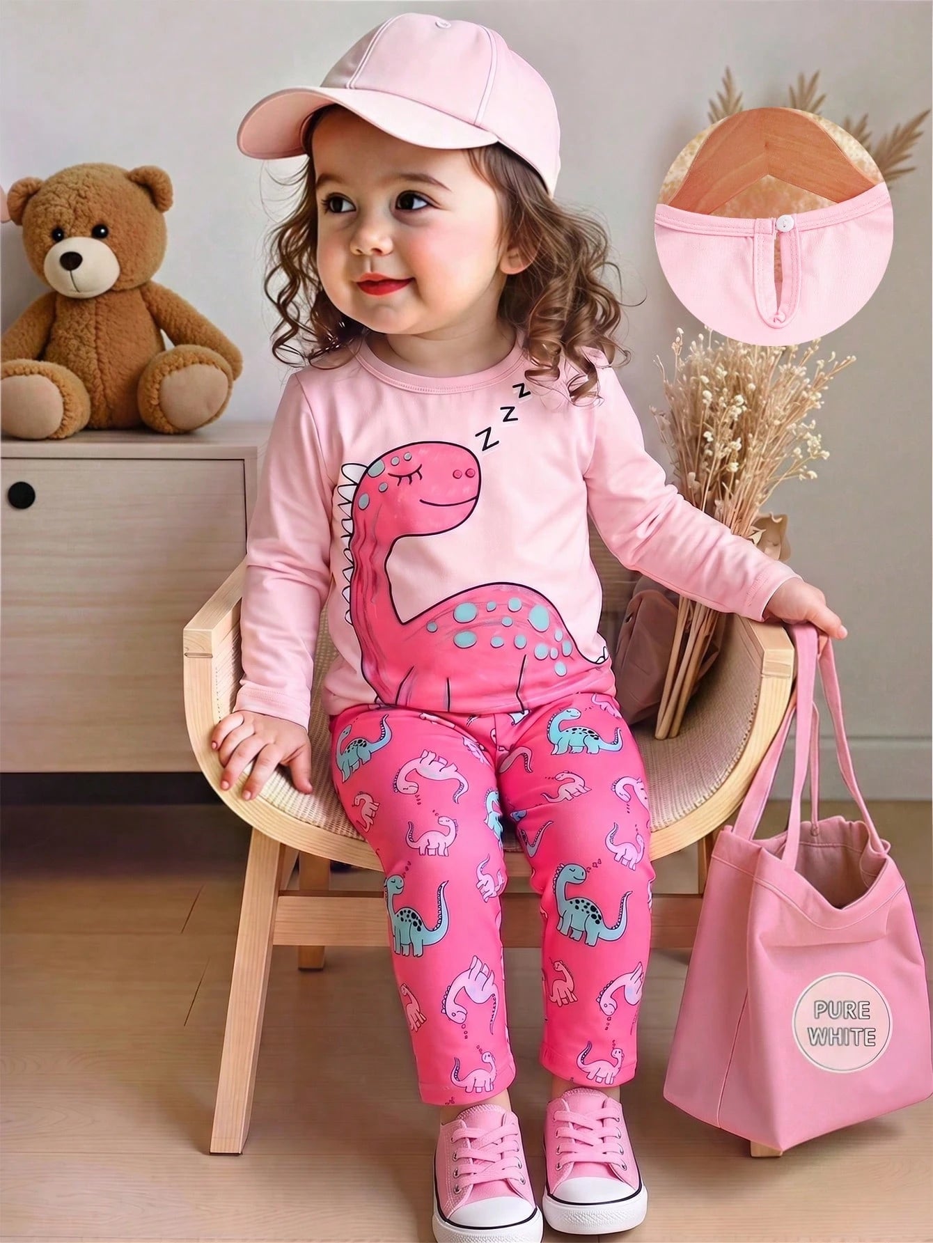 2pcs Baby Girls Cute Cartoon Dinosaur Print Round Neck Long Sleeve T-Shirt And Elastic Waist Pants Casual Outfit, Suitable For Spring/Autumn And Winter Layering, 6M-3T, Baby Girl Outfit, Baby Girl Set