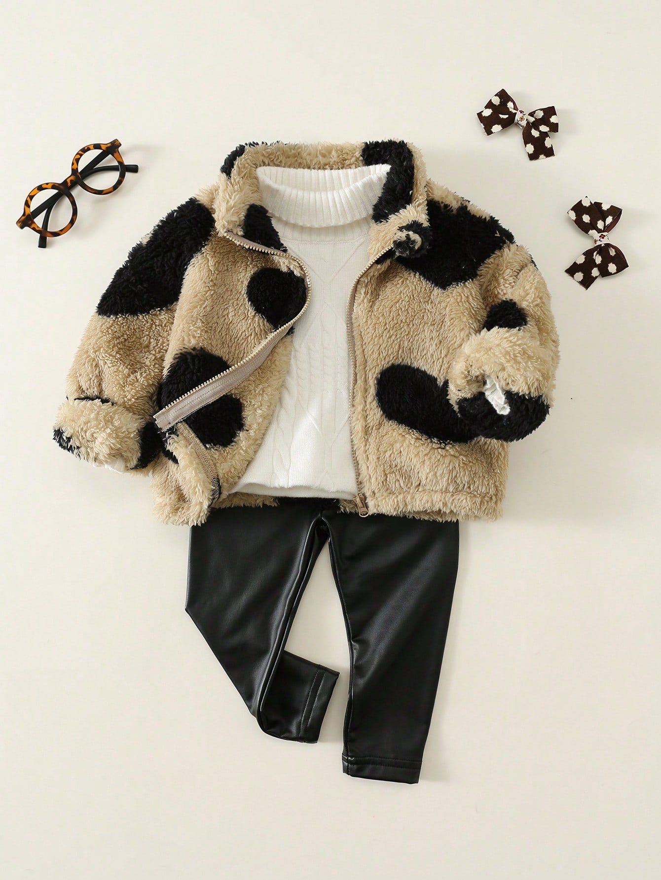 2pcs Baby Girls Loose Casual Plush Heart Zipper Long Sleeve Jacket + Black Fitted Casual PU Leather Leggings Set, Fluffy Jacket + PU Leather Pants Outfit, Suitable For Autumn/Winter, Street Style, Cas