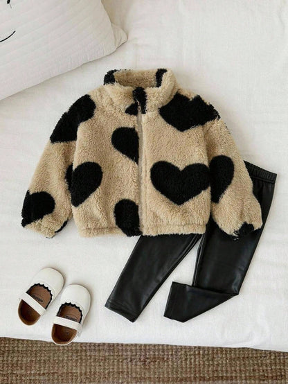 2pcs Baby Girls Loose Casual Plush Heart Zipper Long Sleeve Jacket + Black Fitted Casual PU Leather Leggings Set, Fluffy Jacket + PU Leather Pants Outfit, Suitable For Autumn/Winter, Street Style, Cas