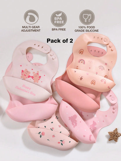 2pcs Baby Valentine's Day Silicone Bibs, Easy To Clean, Adjustable, Washable, For Boys And Girls, All Seasons