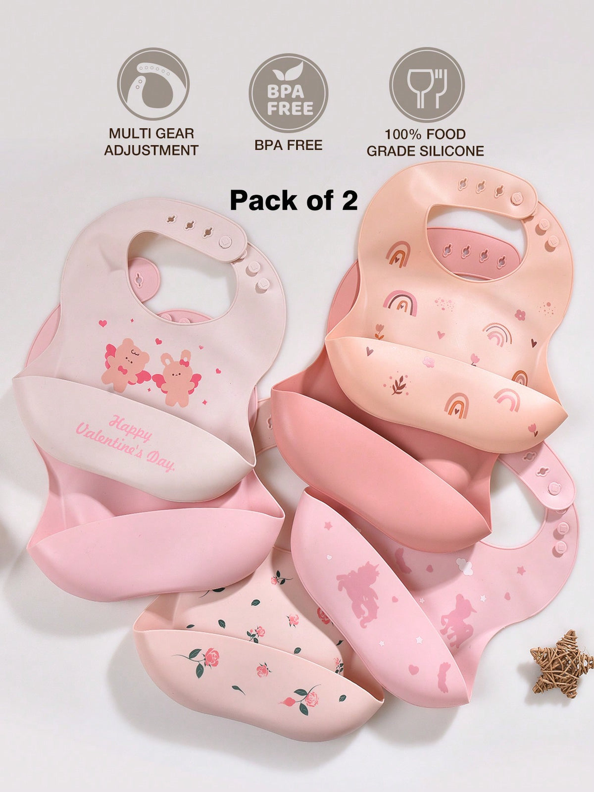 2pcs Baby Valentine's Day Silicone Bibs, Easy To Clean, Adjustable, Washable, For Boys And Girls, All Seasons