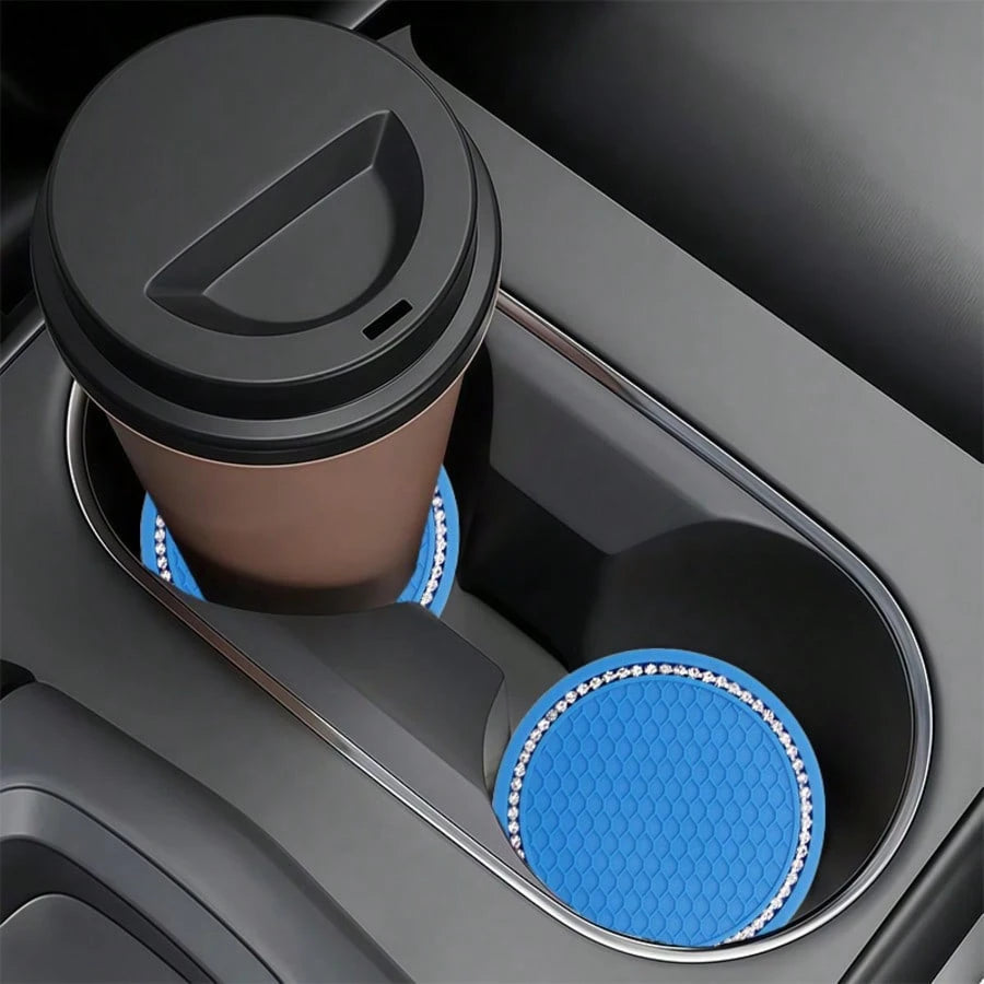 2pcs Car Accessories Silicone Rhinestone Round Fashion Cup Coasters, Car Cup Holder Insert Silicone Non-Slip Beverage Cup Coasters, Universal Vehicle Interior Accessories, Bling Crystal Rhinestone Car