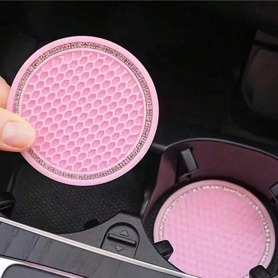 2pcs Car Accessories Silicone Rhinestone Round Fashion Cup Coasters, Car Cup Holder Insert Silicone Non-Slip Beverage Cup Coasters, Universal Vehicle Interior Accessories, Bling Crystal Rhinestone Car