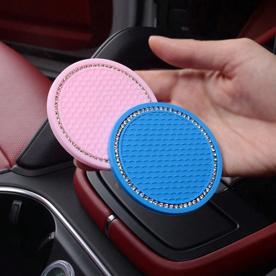 2pcs Car Accessories Silicone Rhinestone Round Fashion Cup Coasters, Car Cup Holder Insert Silicone Non-Slip Beverage Cup Coasters, Universal Vehicle Interior Accessories, Bling Crystal Rhinestone Car