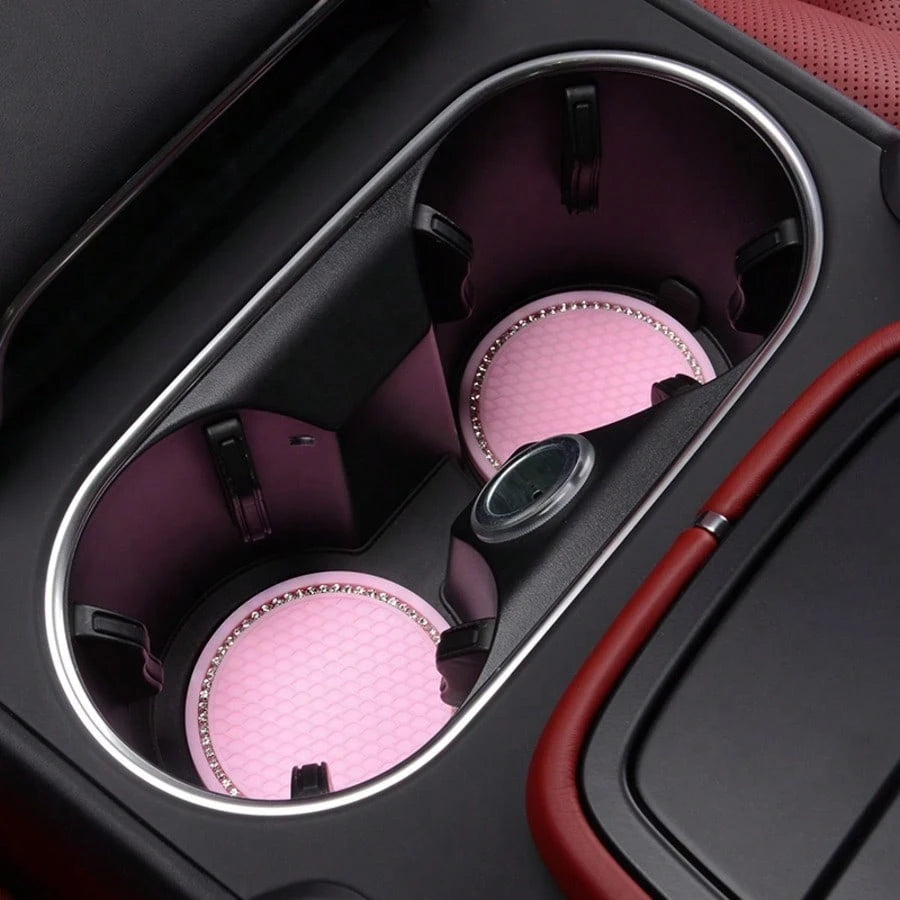 2pcs Car Accessories Silicone Rhinestone Round Fashion Cup Coasters, Car Cup Holder Insert Silicone Non-Slip Beverage Cup Coasters, Universal Vehicle Interior Accessories, Bling Crystal Rhinestone Car