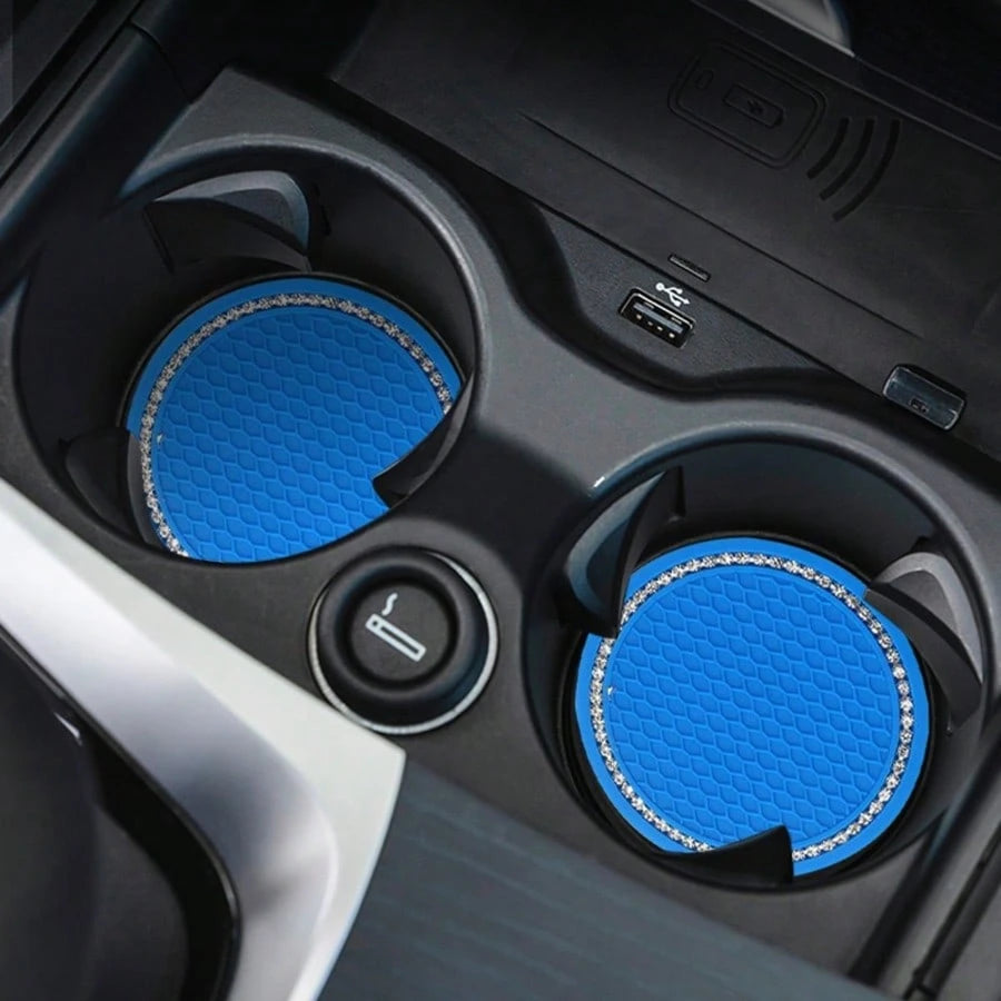 2pcs Car Accessories Silicone Rhinestone Round Fashion Cup Coasters, Car Cup Holder Insert Silicone Non-Slip Beverage Cup Coasters, Universal Vehicle Interior Accessories, Bling Crystal Rhinestone Car