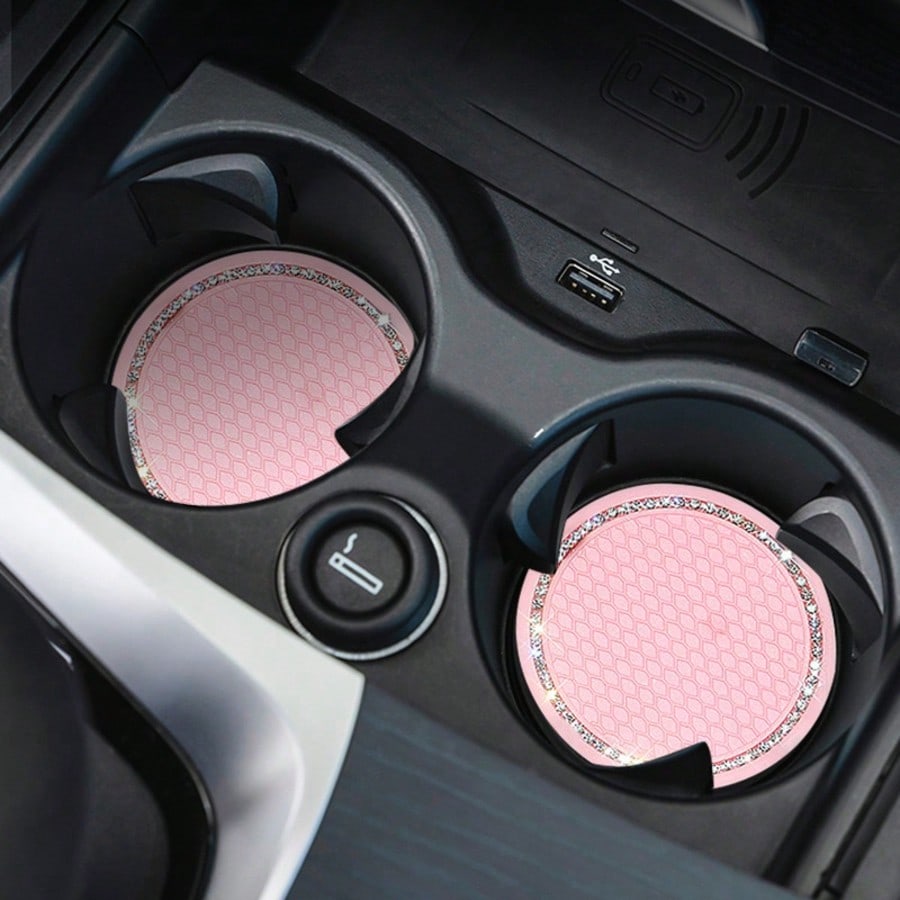 2pcs Car Accessories Silicone Rhinestone Round Fashion Cup Coasters, Car Cup Holder Insert Silicone Non-Slip Beverage Cup Coasters, Universal Vehicle Interior Accessories, Bling Crystal Rhinestone Car