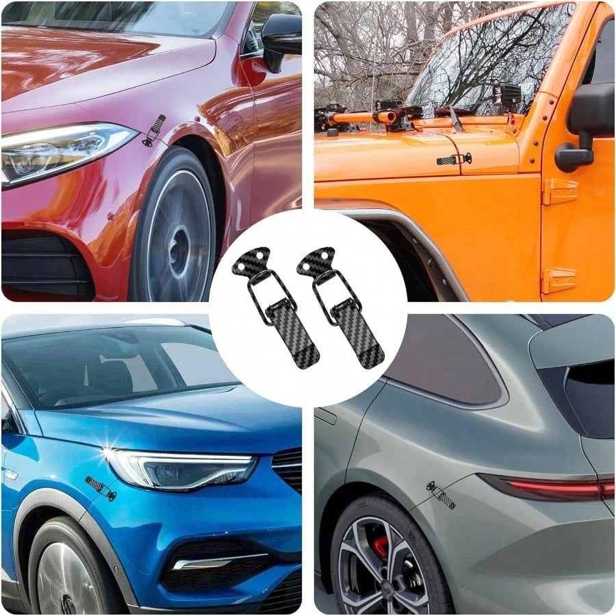 2PCS Car Bumper Clips Hook Lock, Carbon Fiber Hood Pins Toggle Clamp Quick Fix Release, Universal Car Accessories Bumper Security Hook Lock Clips Bumper Tailgate Small