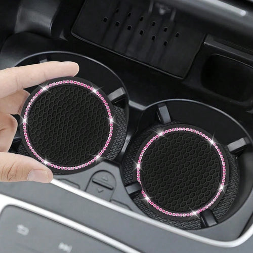 2pcs Car Cup Holder Coasters, Round Pink Rhinestone Decor, Non-Slip Silicone Cup Coasters