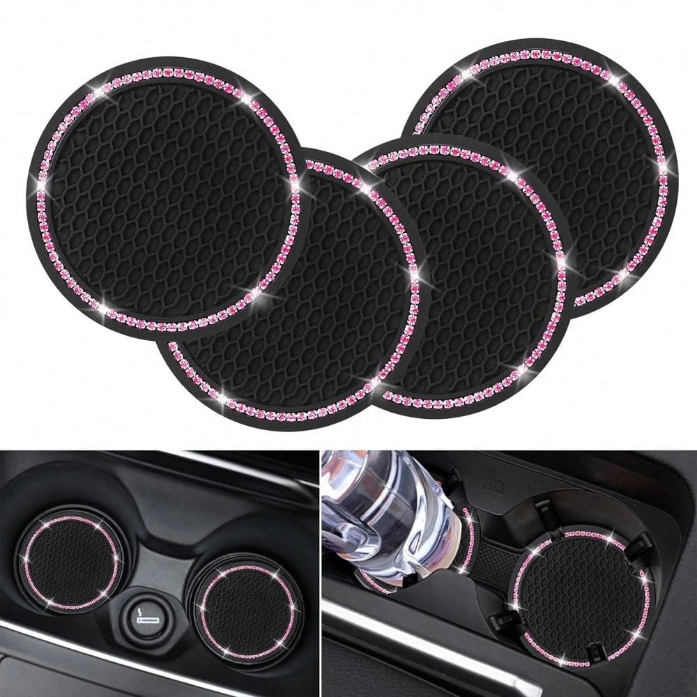 2pcs Car Cup Holder Coasters, Round Pink Rhinestone Decor, Non-Slip Silicone Cup Coasters