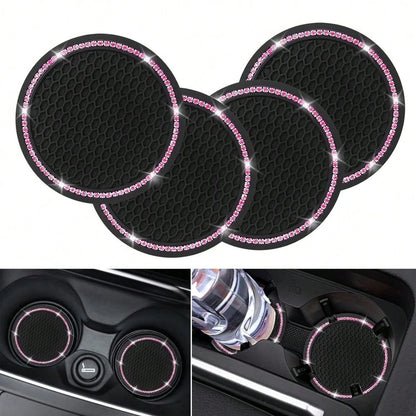 2pcs Car Cup Holder Coasters, Round Pink Rhinestone Decor, Non-Slip Silicone Cup Coasters