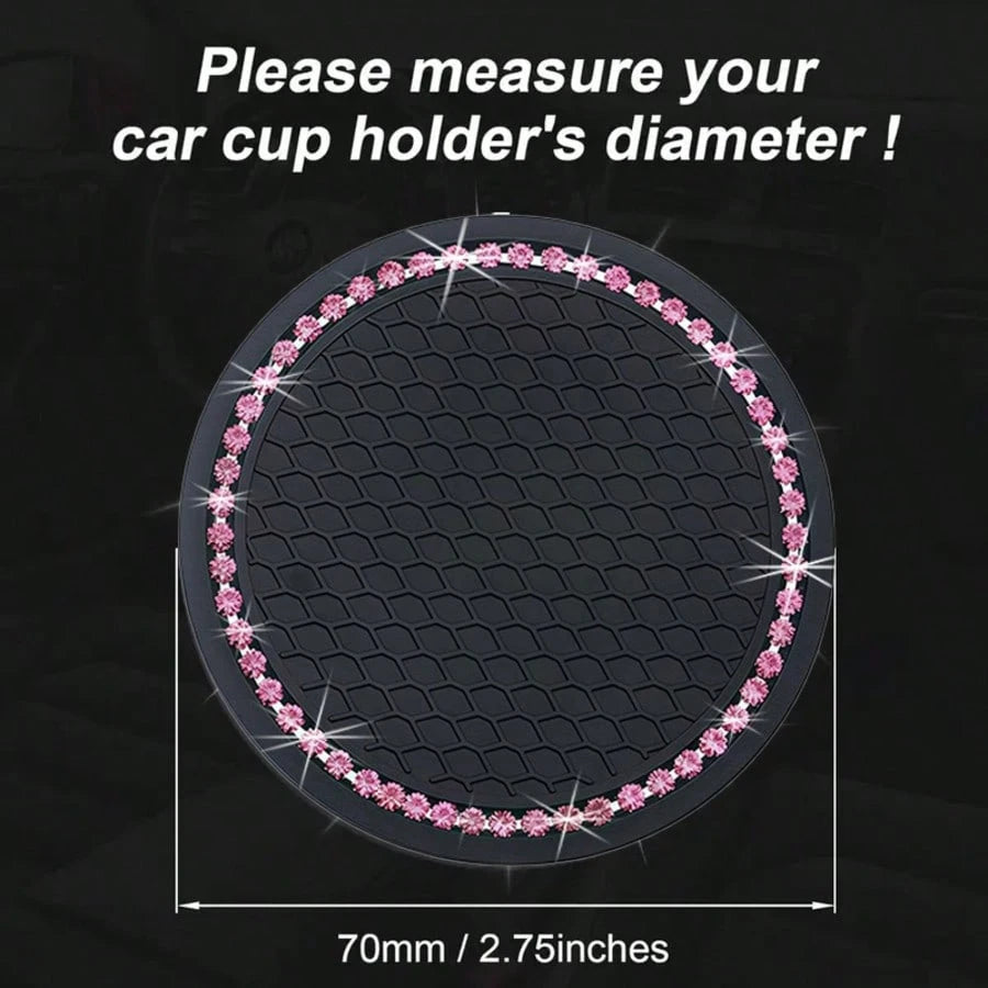 2pcs Car Cup Holder Coasters, Round Pink Rhinestone Decor, Non-Slip Silicone Cup Coasters