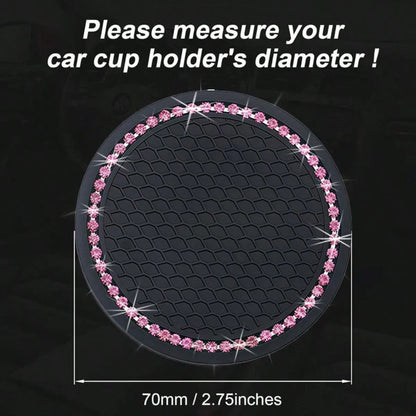 2pcs Car Cup Holder Coasters, Round Pink Rhinestone Decor, Non-Slip Silicone Cup Coasters