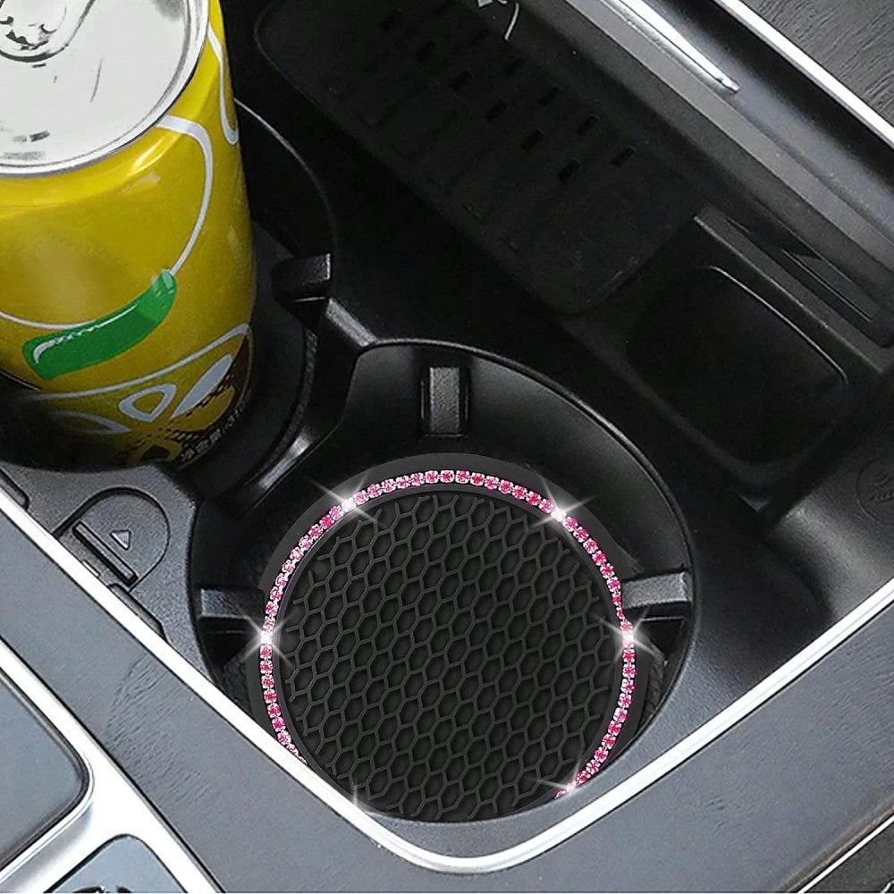 2pcs Car Cup Holder Coasters, Round Pink Rhinestone Decor, Non-Slip Silicone Cup Coasters