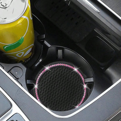 2pcs Car Cup Holder Coasters, Round Pink Rhinestone Decor, Non-Slip Silicone Cup Coasters