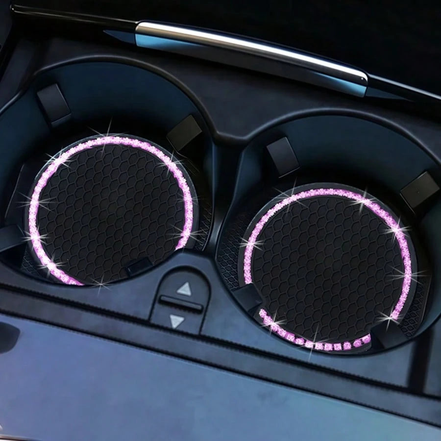 2pcs Car Cup Holder Coasters, Round Pink Rhinestone Decor, Non-Slip Silicone Cup Coasters