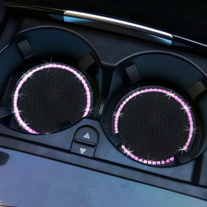 2pcs Car Cup Holder Coasters, Round Pink Rhinestone Decor, Non-Slip Silicone Cup Coasters