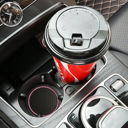 2pcs Car Cup Holder Coasters, Round Pink Rhinestone Decor, Non-Slip Silicone Cup Coasters