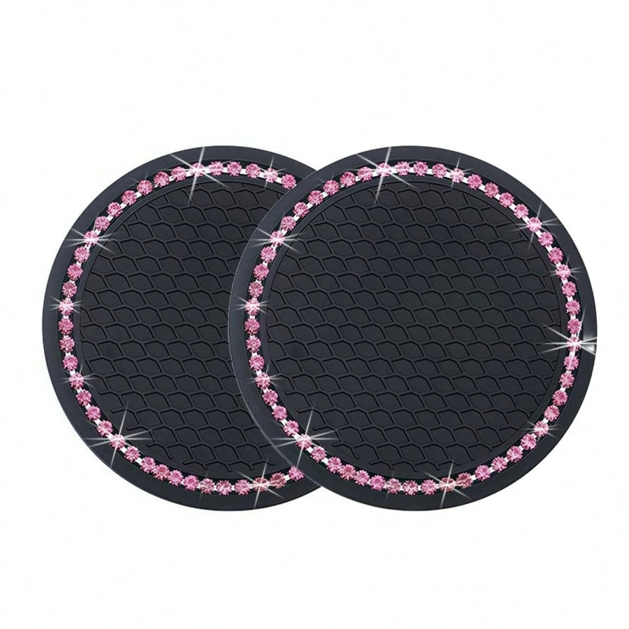 2pcs Car Cup Holder Coasters, Round Pink Rhinestone Decor, Non-Slip Silicone Cup Coasters