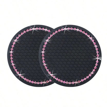 2pcs Car Cup Holder Coasters, Round Pink Rhinestone Decor, Non-Slip Silicone Cup Coasters