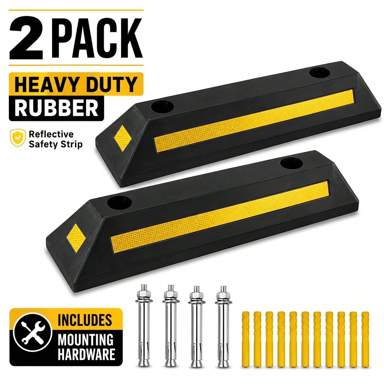 2pcs Car Wheel Stops For Garage-Heavy Duty Rubber Parking Guide Premium Quality Durable Car For Garage Wheel Stopper Professional Grade Park With Reflective Yellow Tape Curb, Adjustable For Parking