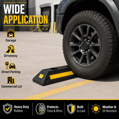 2pcs Car Wheel Stops For Garage-Heavy Duty Rubber Parking Guide Premium Quality Durable Car For Garage Wheel Stopper Professional Grade Park With Reflective Yellow Tape Curb, Adjustable For Parking