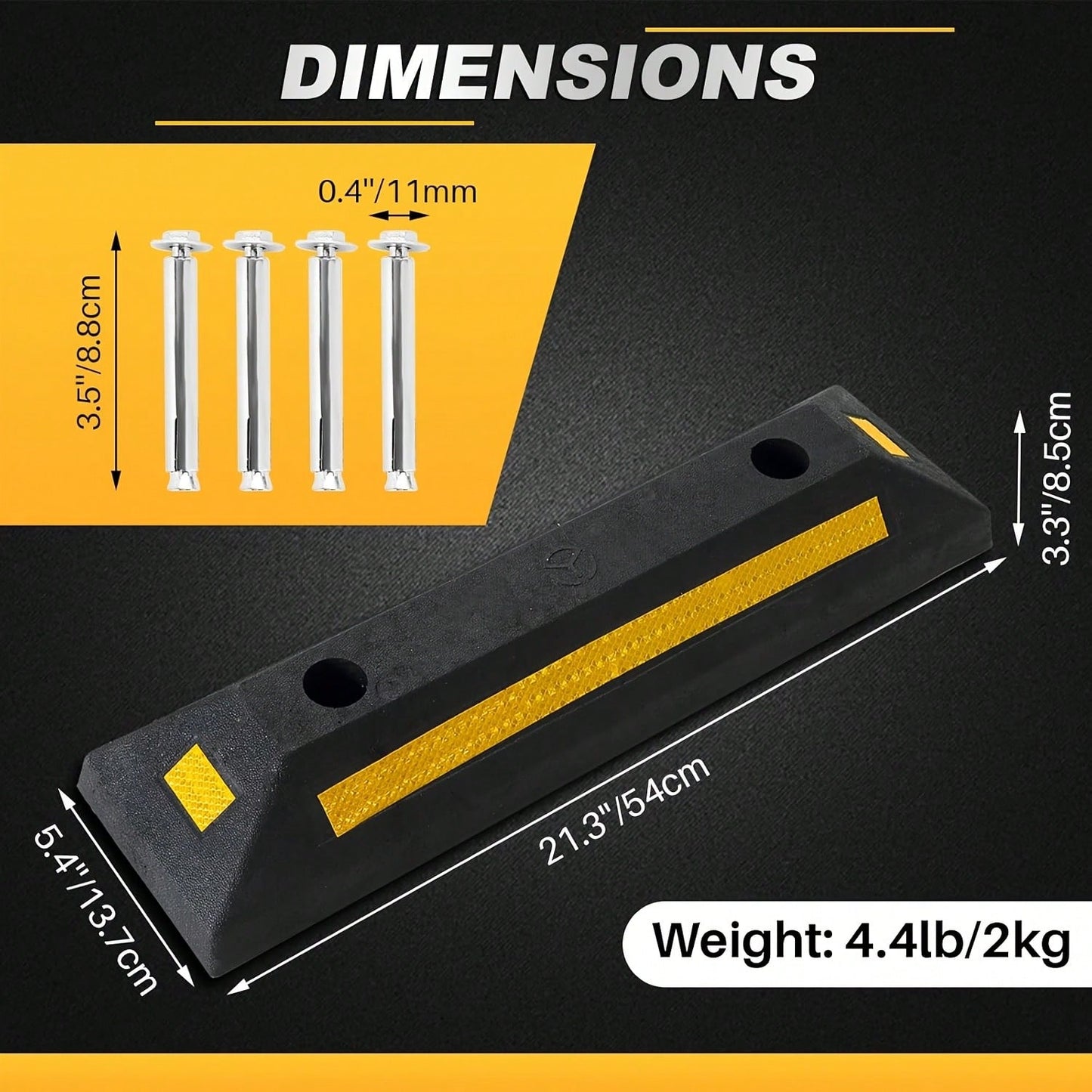 2pcs Car Wheel Stops For Garage-Heavy Duty Rubber Parking Guide Premium Quality Durable Car For Garage Wheel Stopper Professional Grade Park With Reflective Yellow Tape Curb, Adjustable For Parking