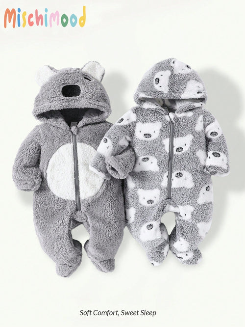 2pcs Cute Koala Print Embroidered Warm Soft Thicken Fleece Newborn Jumpsuit Jumpsuit, Homewear For Autumn/Winter Night Light Grey Grey Kawaii Cute