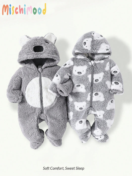 2pcs Cute Koala Print Embroidered Warm Soft Thicken Fleece Newborn Jumpsuit Jumpsuit, Homewear For Autumn/Winter Night Light Grey Grey Kawaii Cute