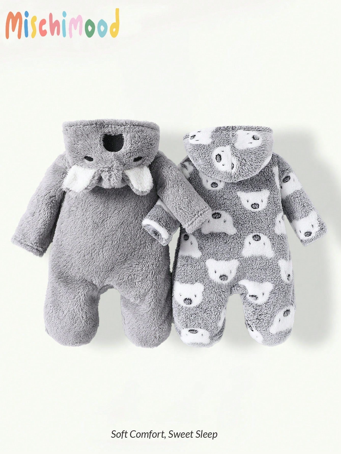 2pcs Cute Koala Print Embroidered Warm Soft Thicken Fleece Newborn Jumpsuit Jumpsuit, Homewear For Autumn/Winter Night Light Grey Grey Kawaii Cute