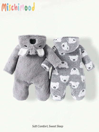 2pcs Cute Koala Print Embroidered Warm Soft Thicken Fleece Newborn Jumpsuit Jumpsuit, Homewear For Autumn/Winter Night Light Grey Grey Kawaii Cute